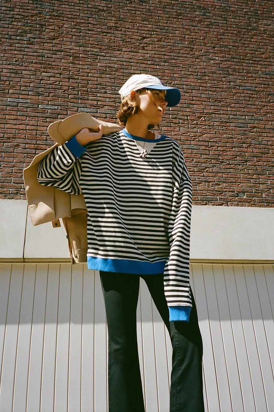 We the Free / Free People Classic Striped Oversized Crewneck in Black Combo